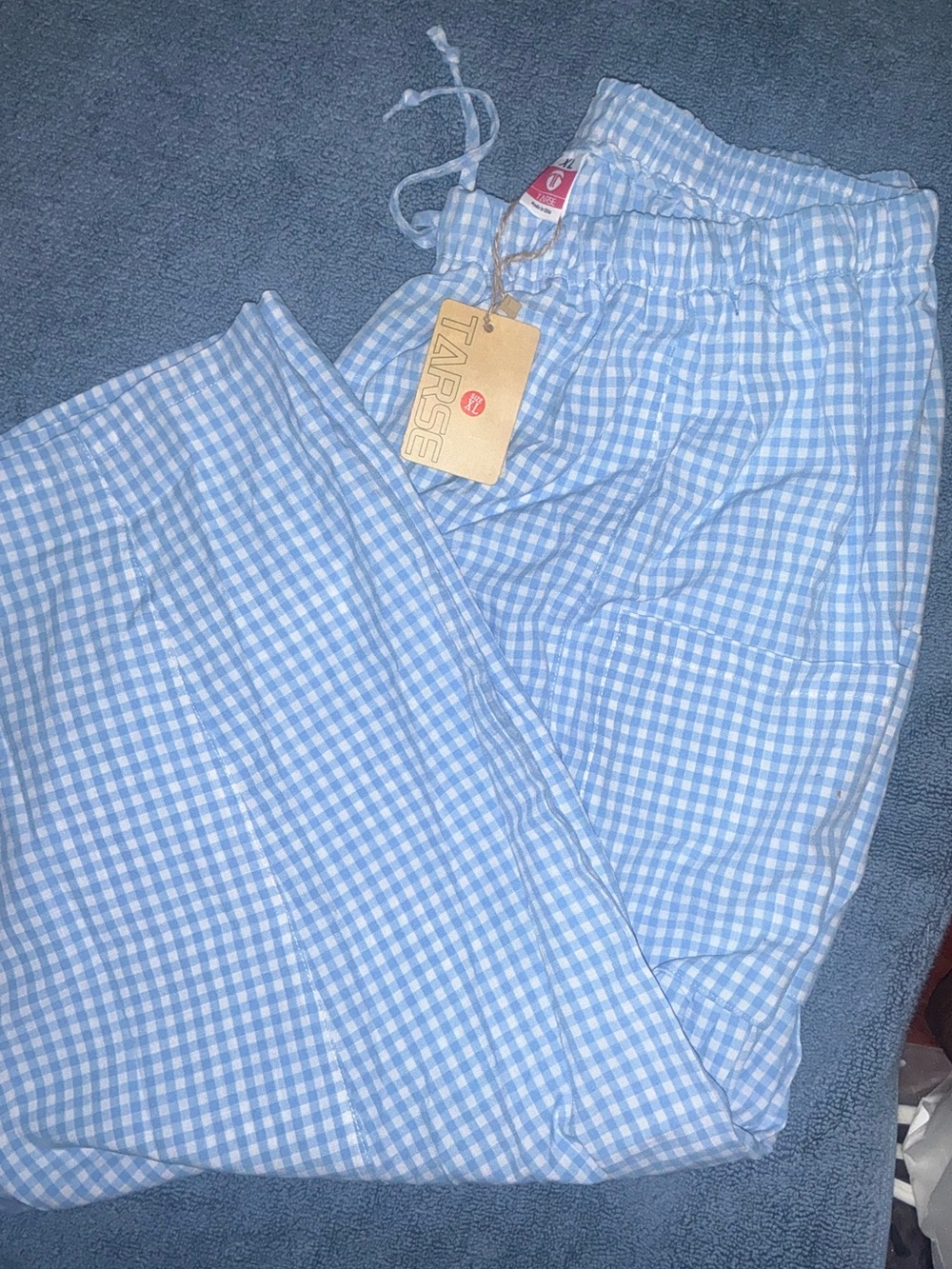 Light Blue Gingham Wide Leg Pants with Drawstring Waist